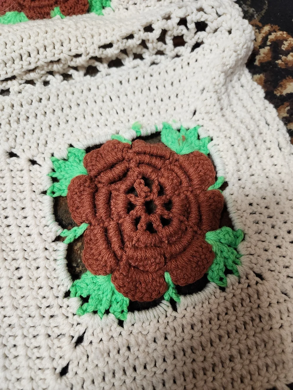 Handmade Cream Crochet Throw with Brown Rose Accents
